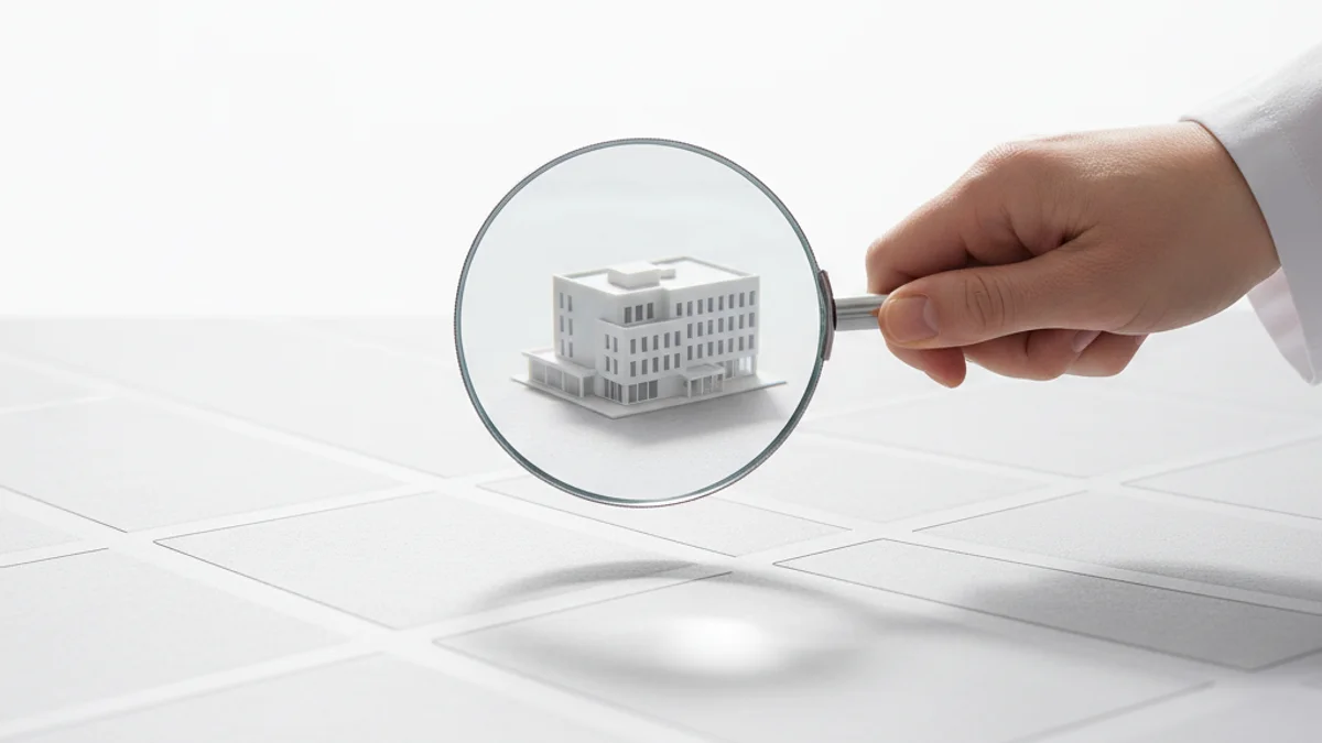 Lupa sobre maquete de clínica representando como o SEO local funciona.