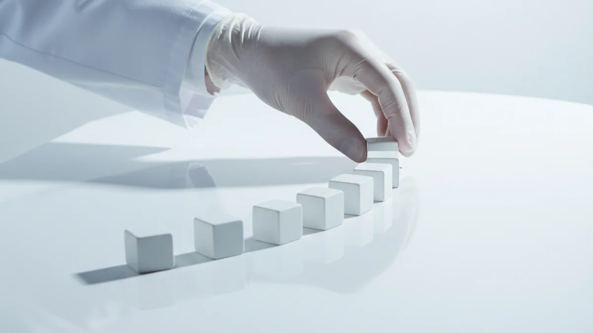 Mão com jaleco branco alinhando blocos cúbicos brancos em fila sobre superfície clínica.