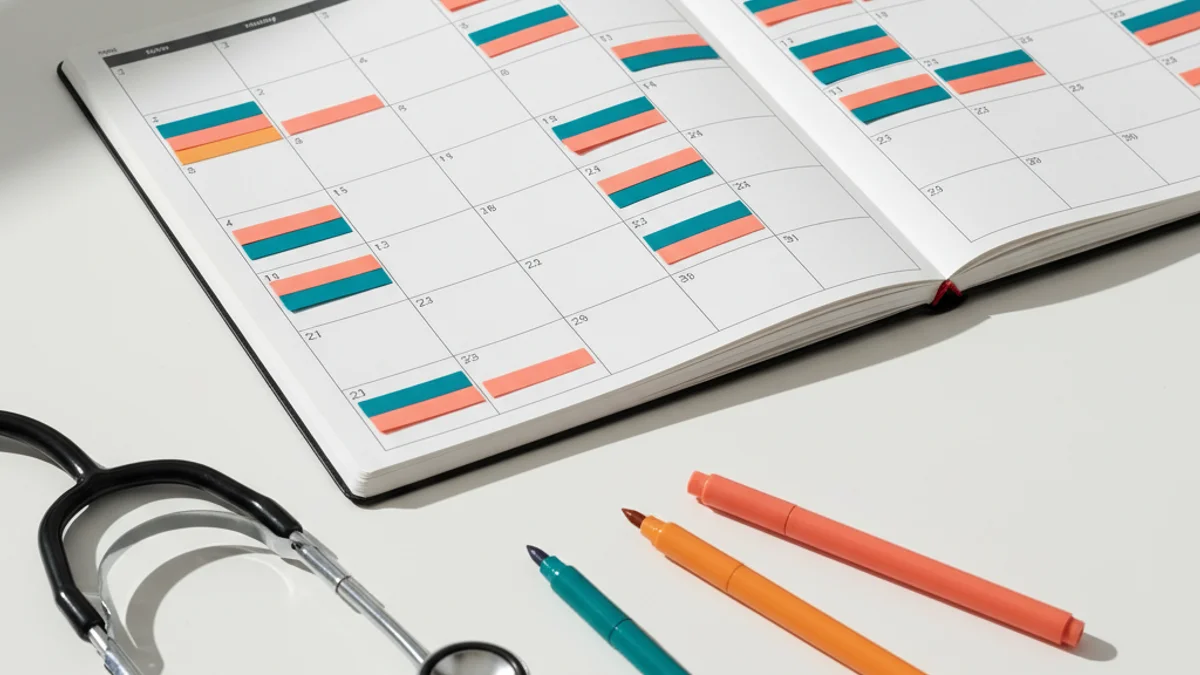 Agenda aberta com abas coloridas organizadas em grade e estetoscópio ao canto.