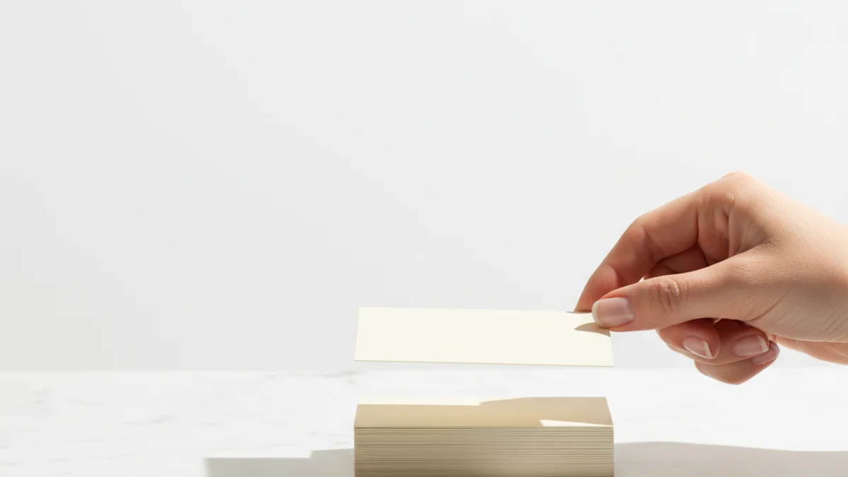 Mãos selecionando e elevando um cartão acima dos demais sobre superfície de mármore branco.