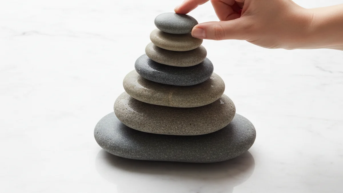 Mão posicionando pedra no topo de uma pilha equilibrada de pedras lishas sobre mármore branco.