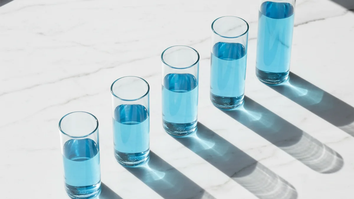 Cinco cilindros de vidro com níveis crescentes de água, representando métricas de SEO em evolução.