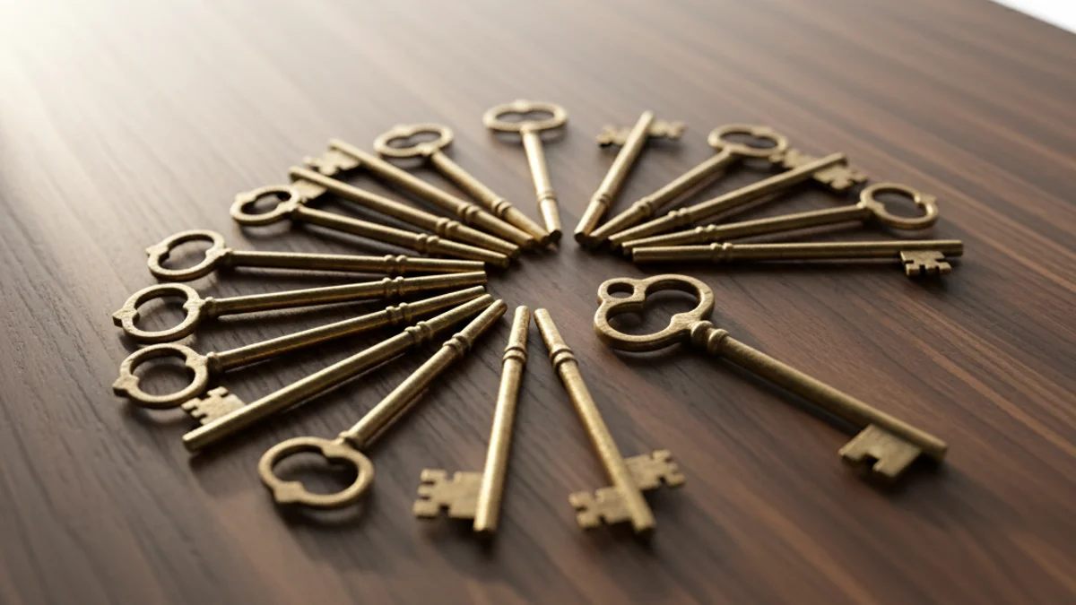 Chaves antigas de latão dispostas em leque sobre madeira escura com luz lateral dramática.