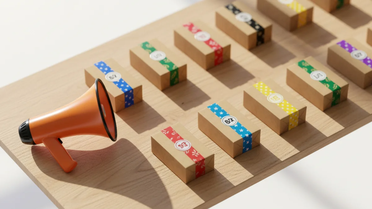 Pacotes de e-commerce enfileirados em mesa de madeira ao lado de megafone laranja.