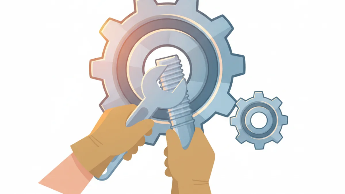 Mãos com luvas ajustando engrenagens industriais cromadas em oficina iluminada.