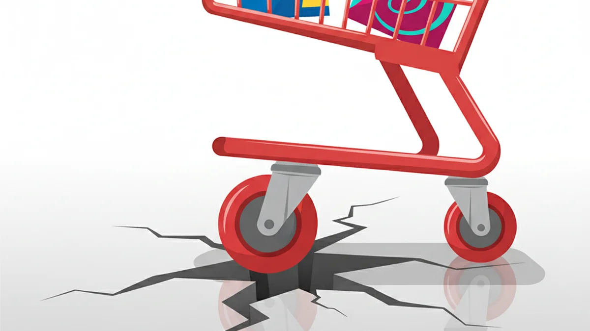 Roda de carrinho de compras presa em rachadura no chão de armazém.