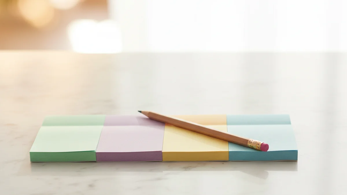 Blocos de notas coloridos em fileira sobre bancada de mármore branco com lápis.