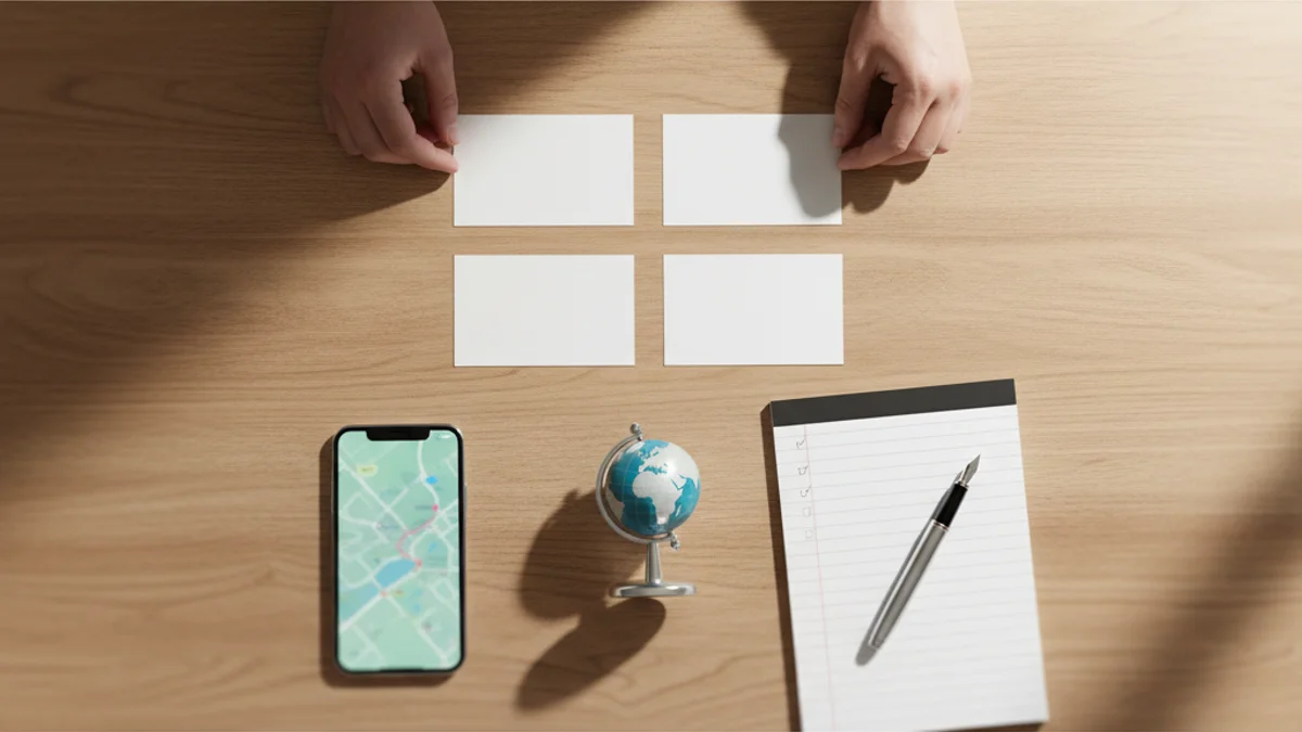 Mãos organizando cartões de visita e pin de mapa sobre mesa de madeira iluminada.