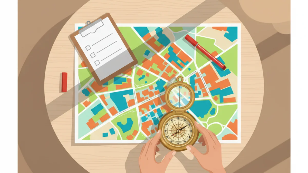 Mãos segurando bússola sobre mapa da cidade com marcador vermelho e checklist.