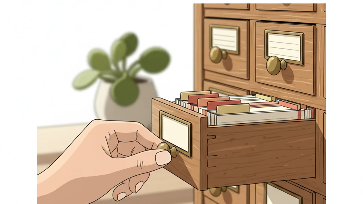 Mão abrindo gaveta de fichário vintage com fichas organizadas por abas coloridas.