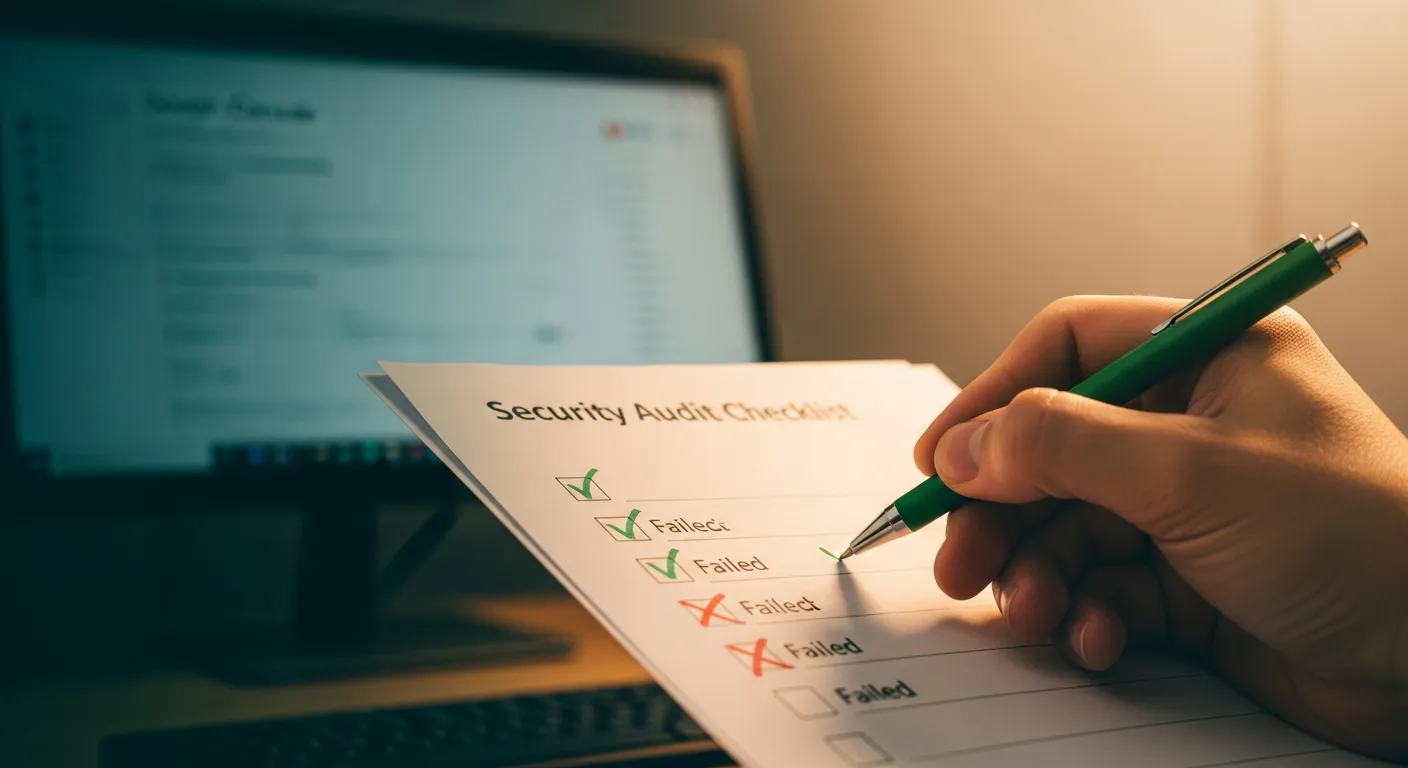 Profissional verificando checklist de auditoria SEO com Google Search Console ao fundo