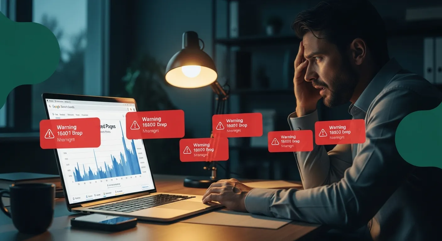 Tela do Google Search Console mostrando queda drástica de páginas indexadas
