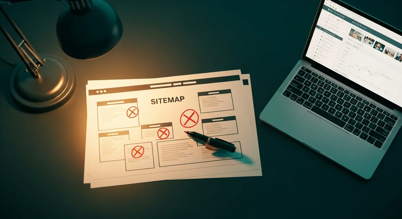 Profissional analisando sitemap impresso com seções marcadas em vermelho