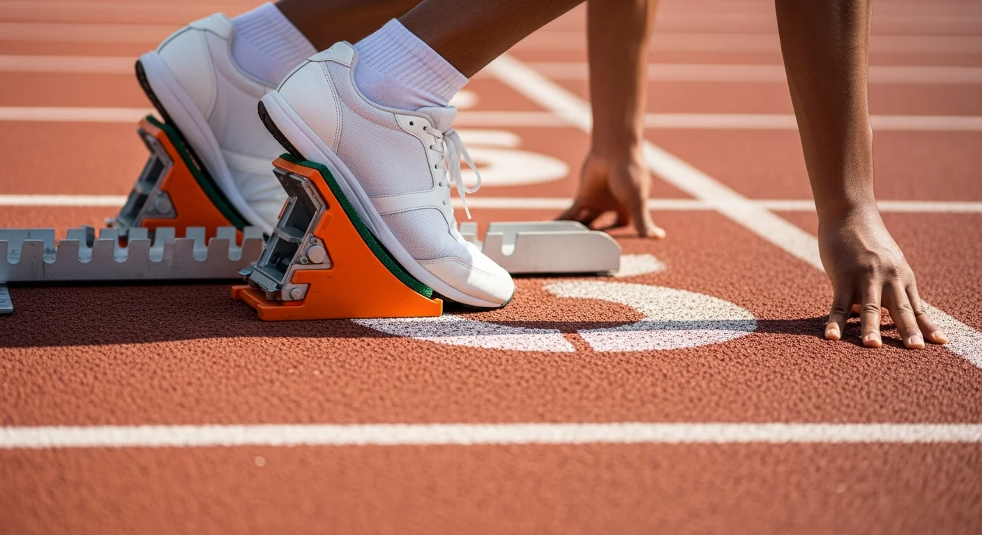 Corredor na posição de largada com pés nos blocos de partida em pista de atletismo — velocidade de carregamento é a primeira prioridade do SEO