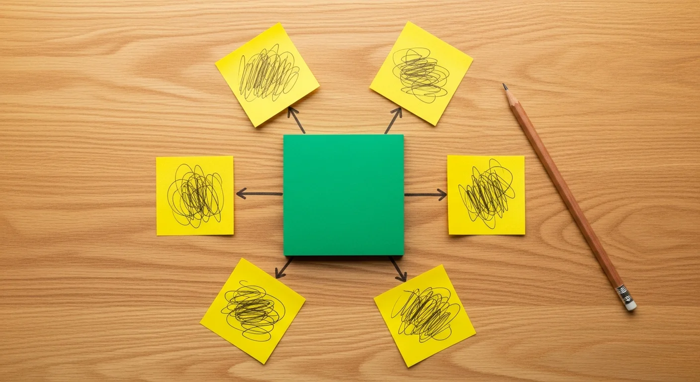 Sticky notes em mesa de madeira formando estrutura hub-spoke: nota verde central conectada por linhas a cinco notas âmbar ao redor — arquitetura pilar e satélites para autoridade topical em SEO