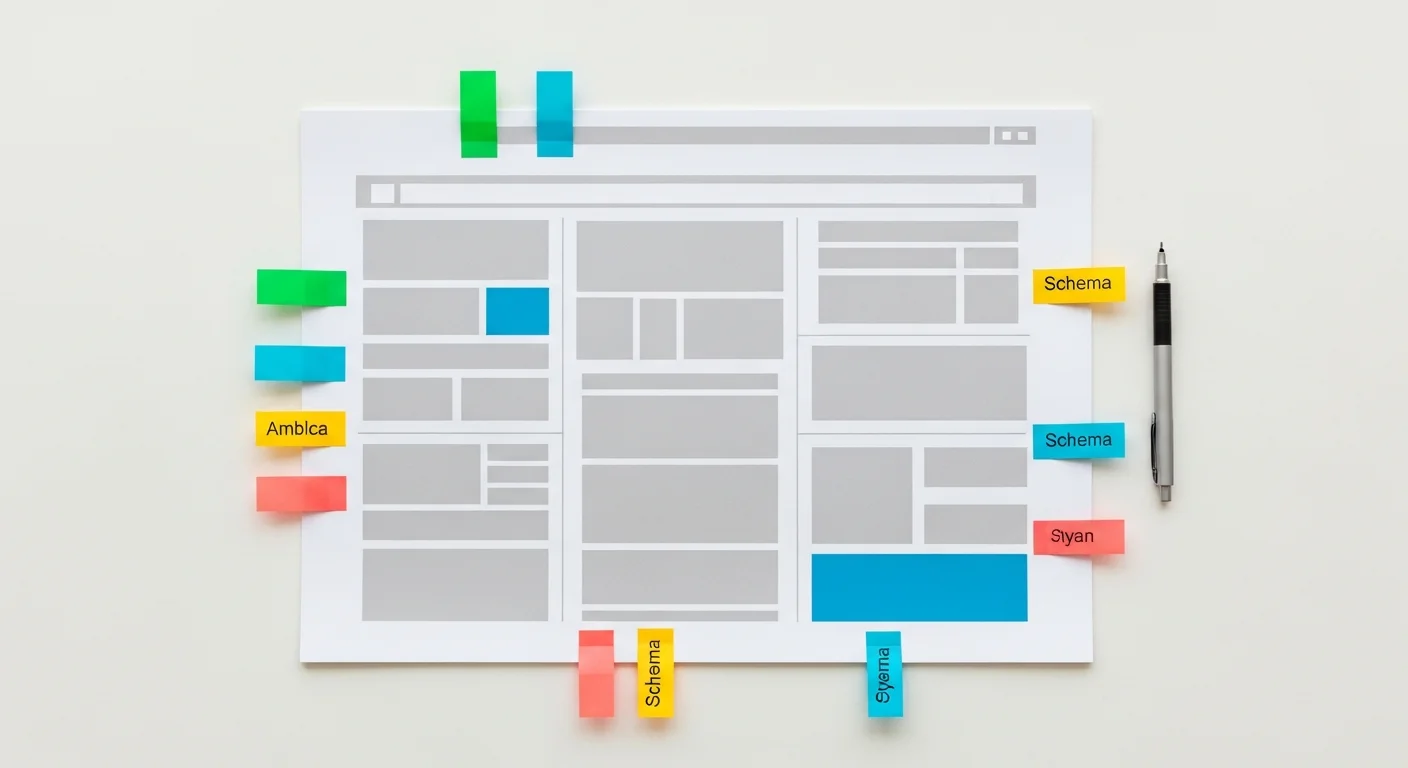 Página impressa de site com abas coloridas marcando diferentes seções — representação visual de schema markup etiquetando conteúdo para o Google