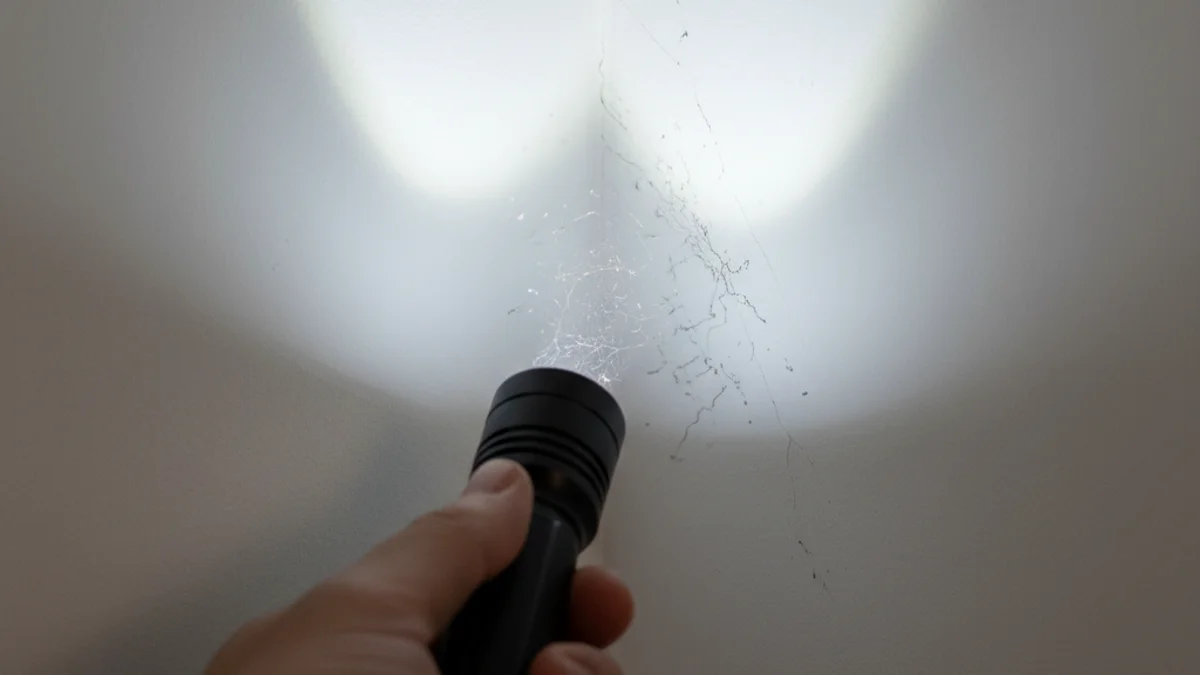 Mão segurando lanterna de inspeção iluminando fissuras numa parede branca reveladas pela luz direta.