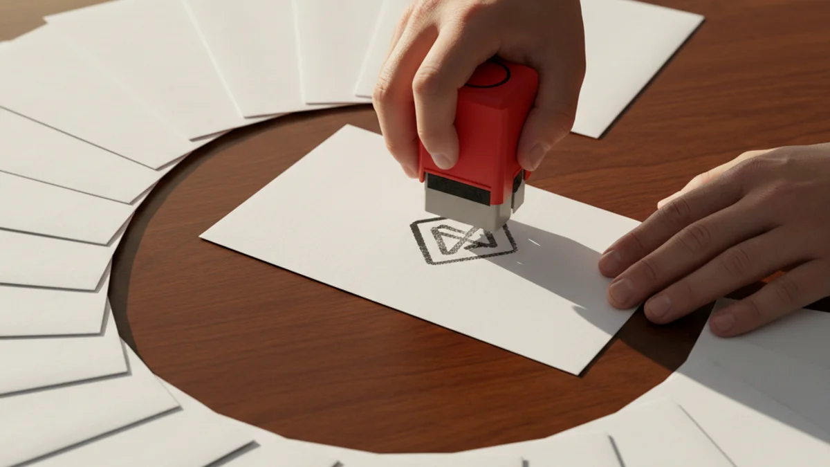 Mãos carimbando envelope comercial sobre mesa com pilha de correspondências seladas.
