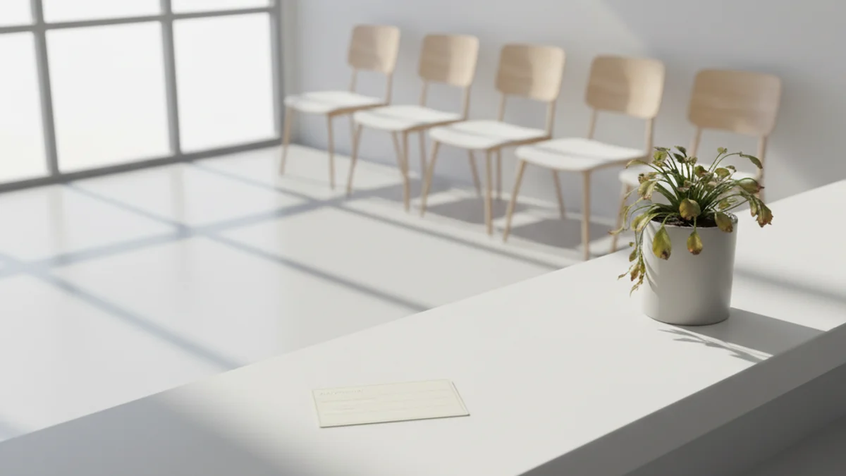 Sala de espera vazia de clínica com cartão de consulta abandonado no balcão.