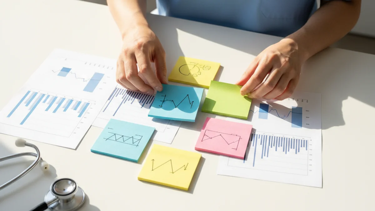 Mãos organizando cartões de métricas sobre mesa branca com estetoscópio ao lado.