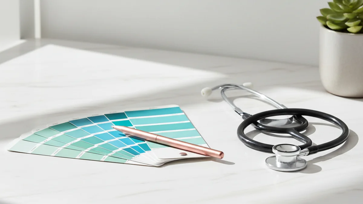 Caneta stylus sobre paleta de cores médicas ao lado de estetoscópio em mesa branca.