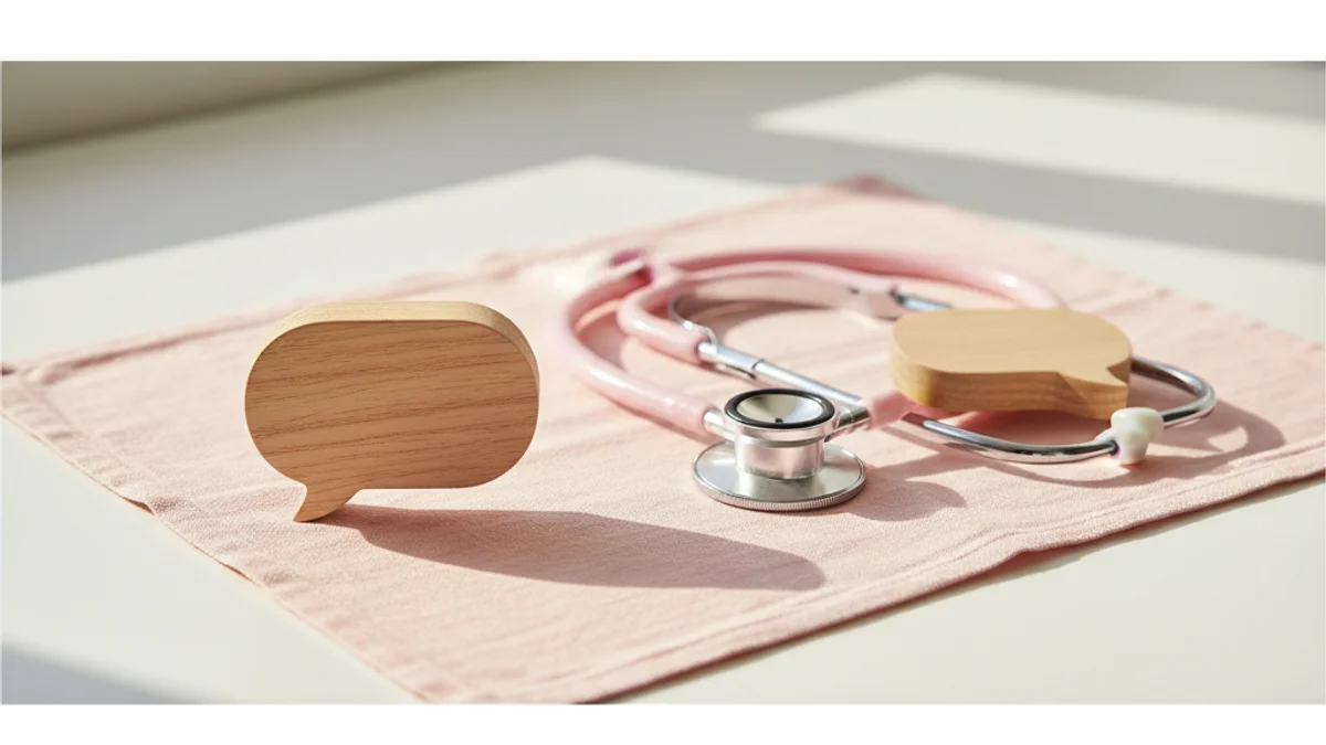 Balões de fala em madeira espalhados sobre tecido rosa com estetoscópio.