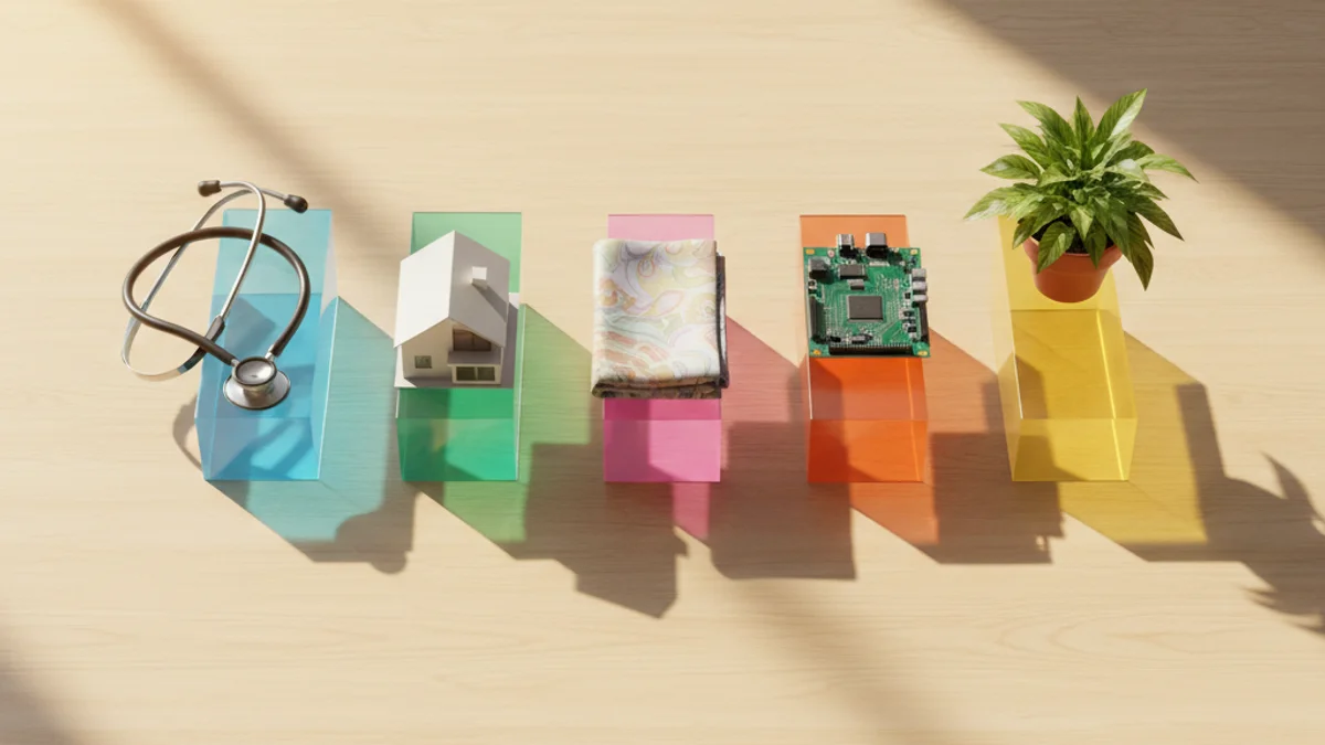 Objetos de diferentes setores sobre barras coloridas formando gráfico físico em mesa de madeira.