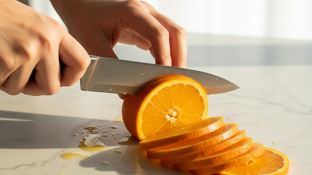 Mãos cortando laranja em fatias finas sobre mármore branco com luz dourada.