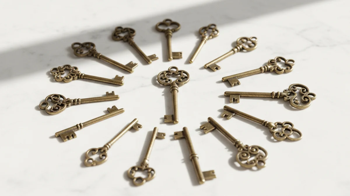 Coleção de chaves antigas de latão dispostas em padrão radial sobre mármore branco.