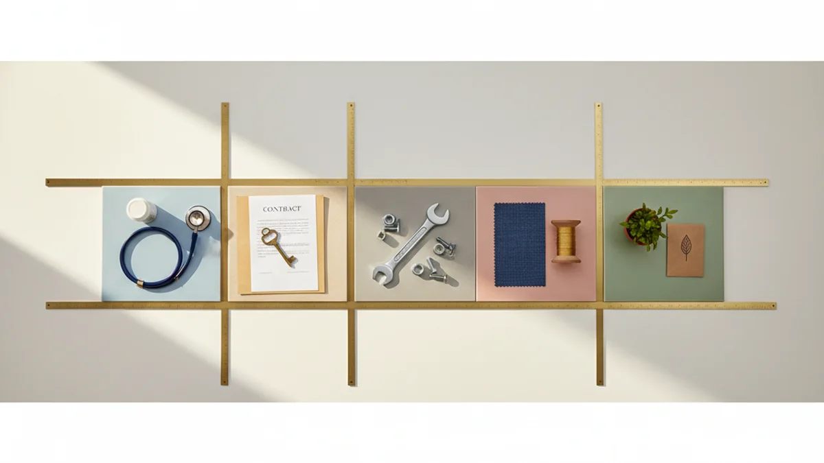 Vista aérea de objetos representando diferentes setores organizados em grade comparativa.