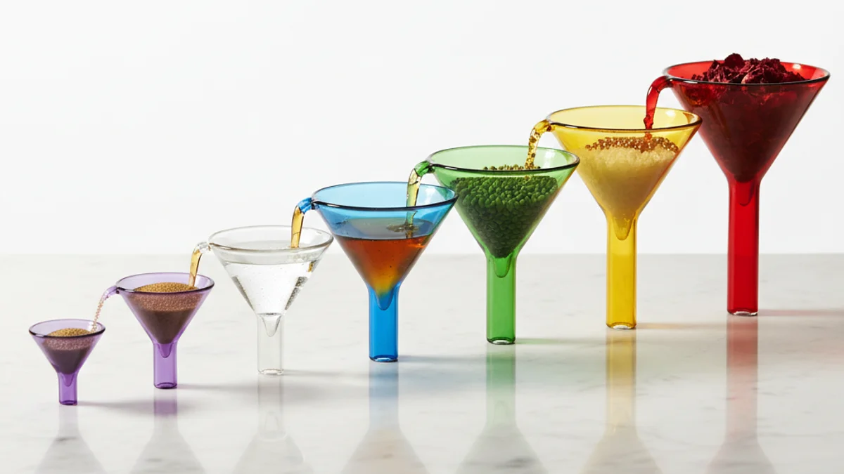 Sete funis de vidro colorido em ordem crescente com materiais naturais fluindo dentro.