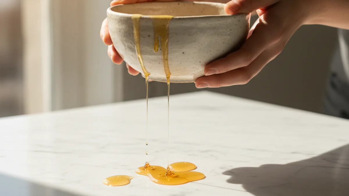 Mãos segurando tigela de cerâmica com mel escorrendo por rachaduras quase invisíveis.