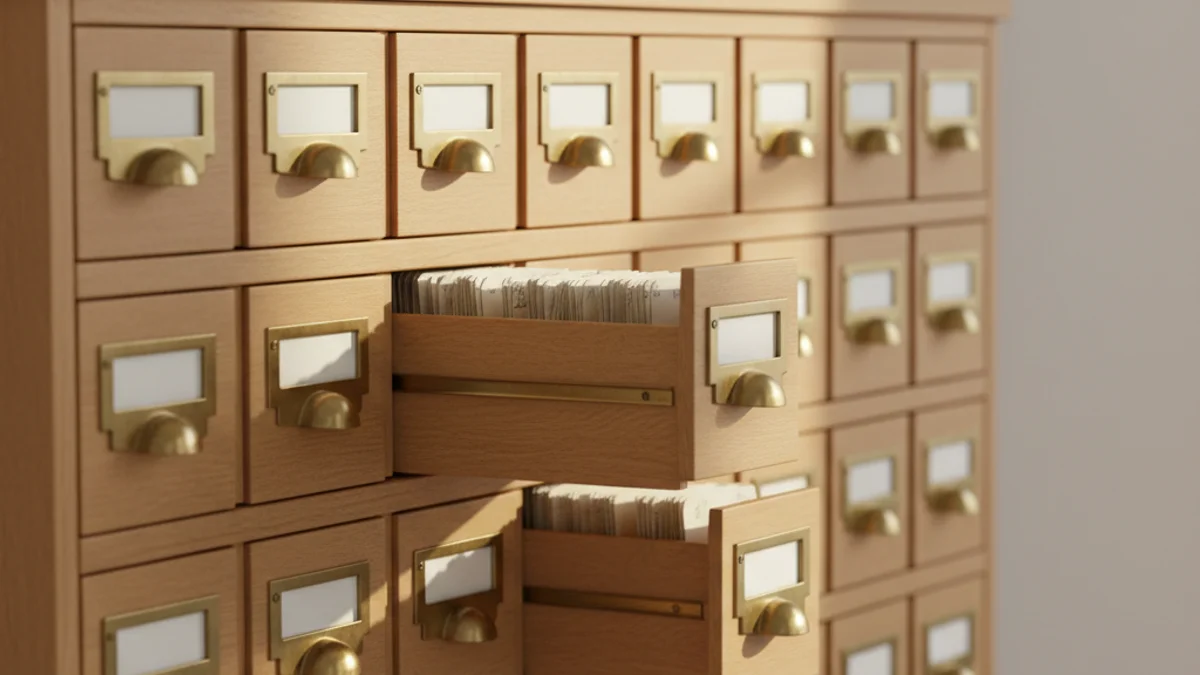 Gavetas de fichário antigo abertas com cartões organizados representando perguntas frequentes.