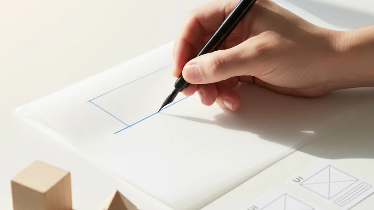 Mão desenhando linhas de projeto em papel translúcido sobre blocos de madeira.