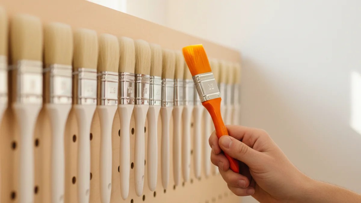 Mão selecionando um pincel laranja entre vários brancos em parede organizada.