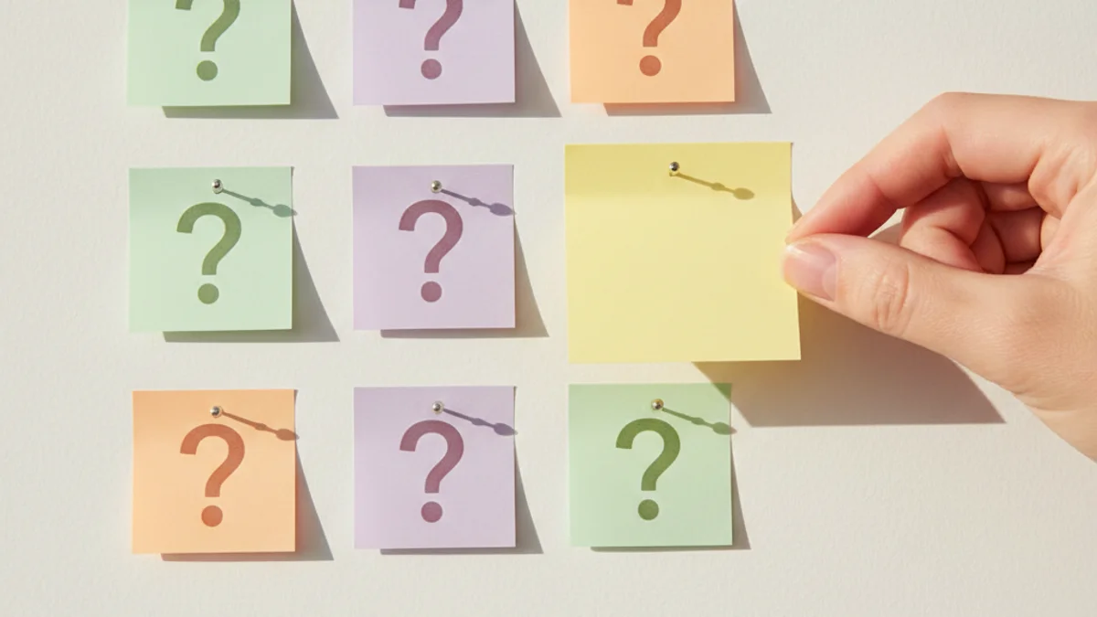 Mão colocando nota adesiva amarela em quadro com cartões coloridos de interrogação organizados.