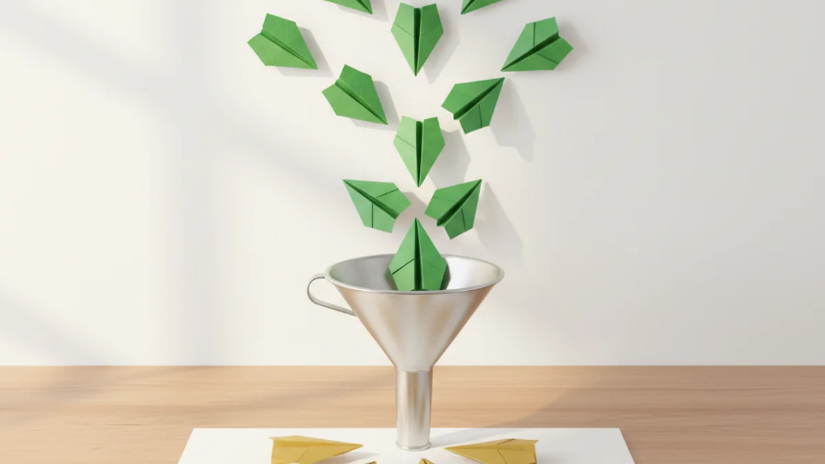 Funil metálico sobre mesa com aviões de papel verdes convergindo para dentro.