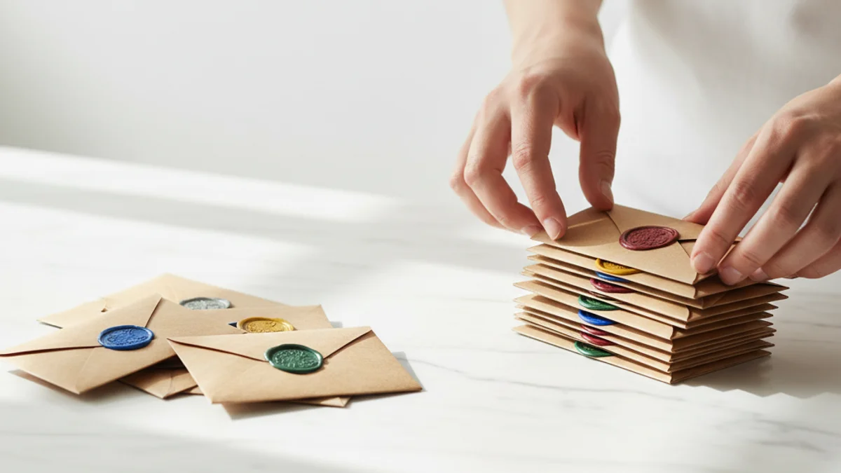 Mãos selecionando envelopes com lacres coloridos sobre mesa de mármore branco.