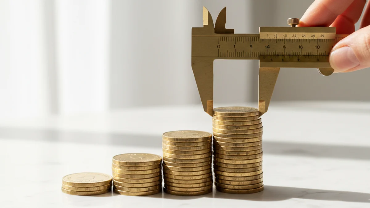 Mãos medindo pilhas crescentes de moedas douradas com paquímetro de latão.