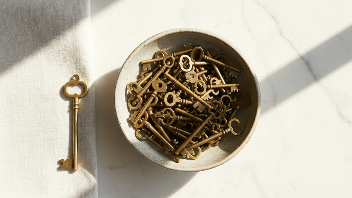 Tigela de cerâmica com dezenas de chaves de latão sobre mesa de mármore iluminada.