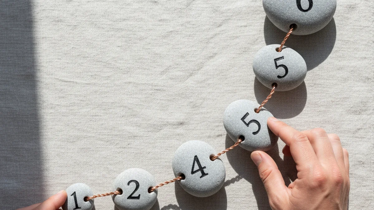 Mãos organizando pedras numeradas em sequência curva sobre superfície clara com fio de cobre.