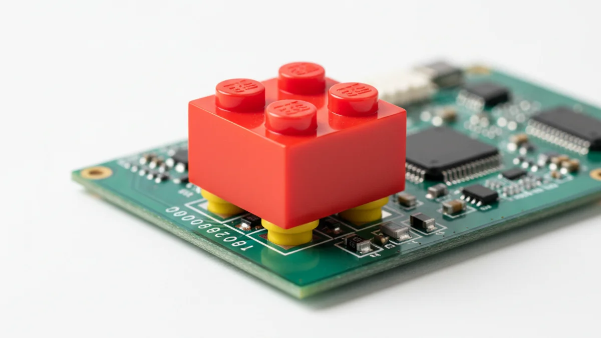 Peça LEGO colorida encaixando perfeitamente sobre placa de circuito eletrônico profissional.