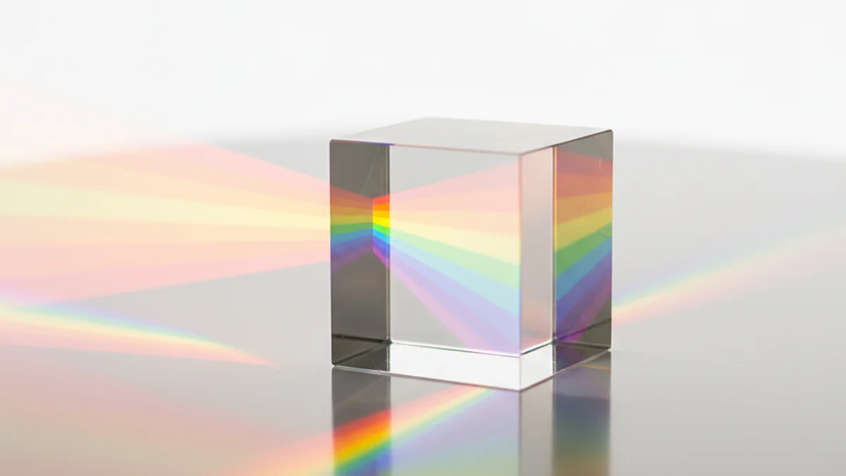 Prisma de vidro refratando luz solar em arco-íris vibrante sobre superfície branca.