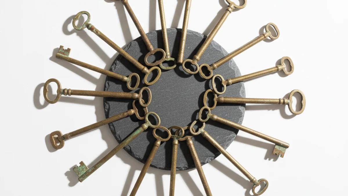 Chaves antigas dispostas em padrão radial sobre superfície de ardósia escura.