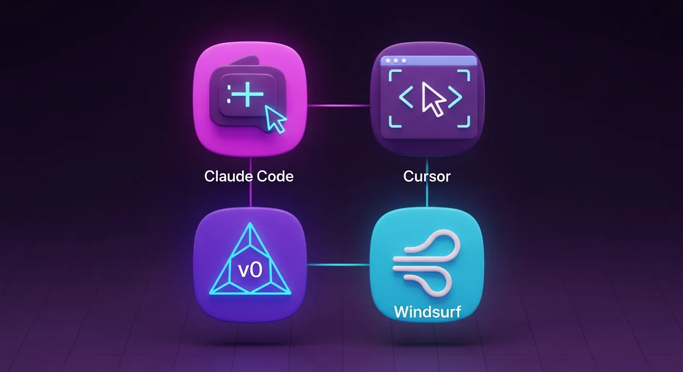 3D render das principais ferramentas de vibe coding: Claude Code, Cursor, v0 e Windsurf em fundo roxo profundo