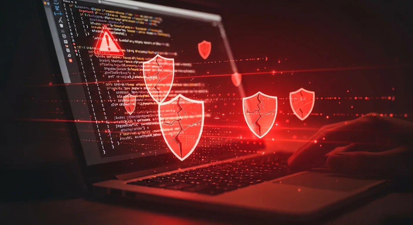Laptop com código e alertas de segurança em vermelho — riscos do vibe coding sem revisão humana