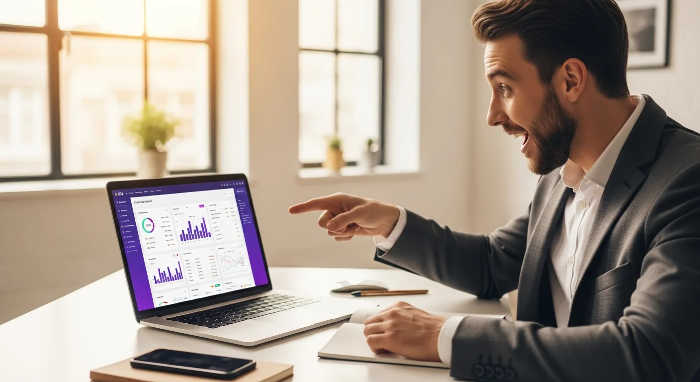 Empreendedor animado mostrando aplicativo criado via vibe coding — democratização do desenvolvimento de software