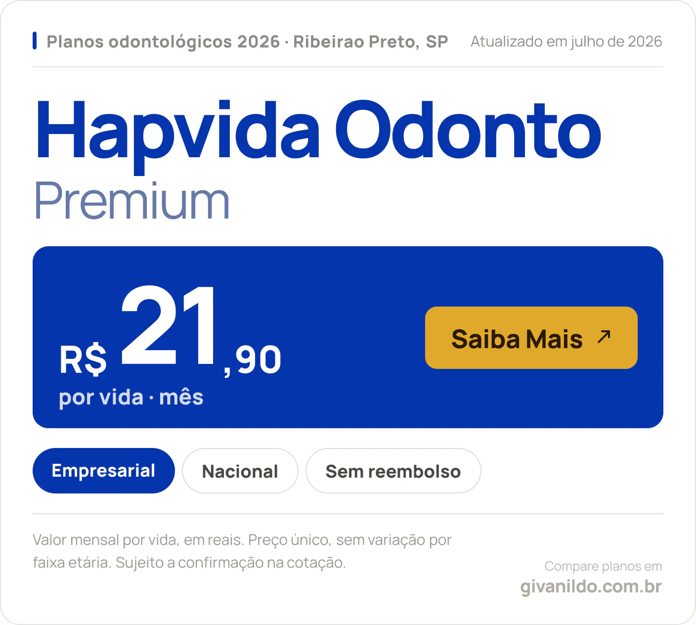 Tabela de preços 2026 Hapvida Odonto Premium em Ribeirao Preto, SP