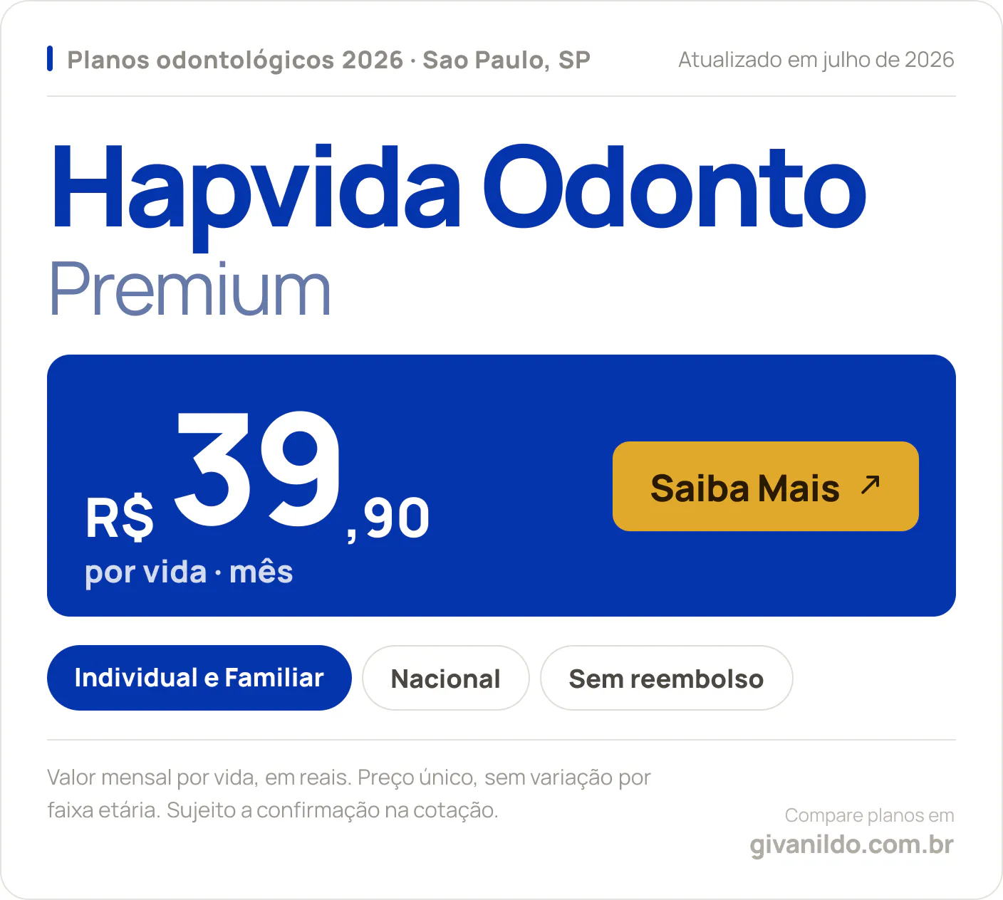 Tabela de preços 2026 Hapvida Odonto Premium em Sao Paulo, SP