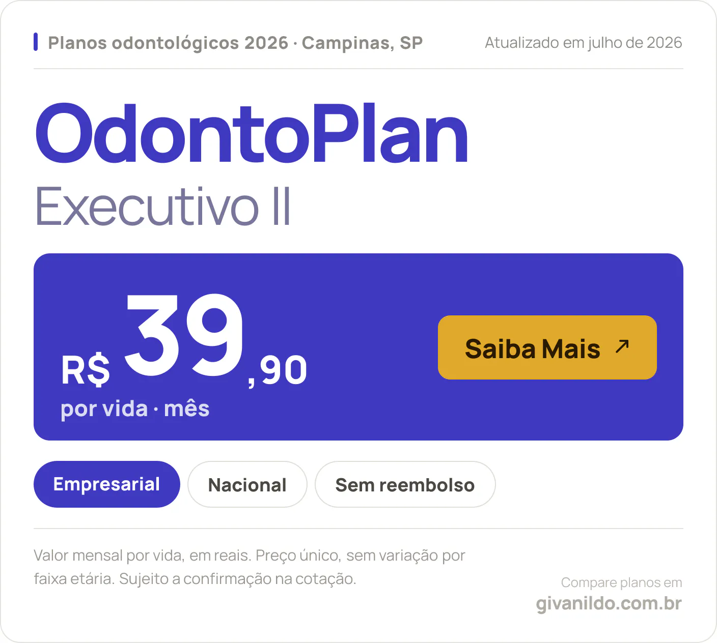 Tabela de preços 2026 OdontoPlan Executivo II em Campinas, SP